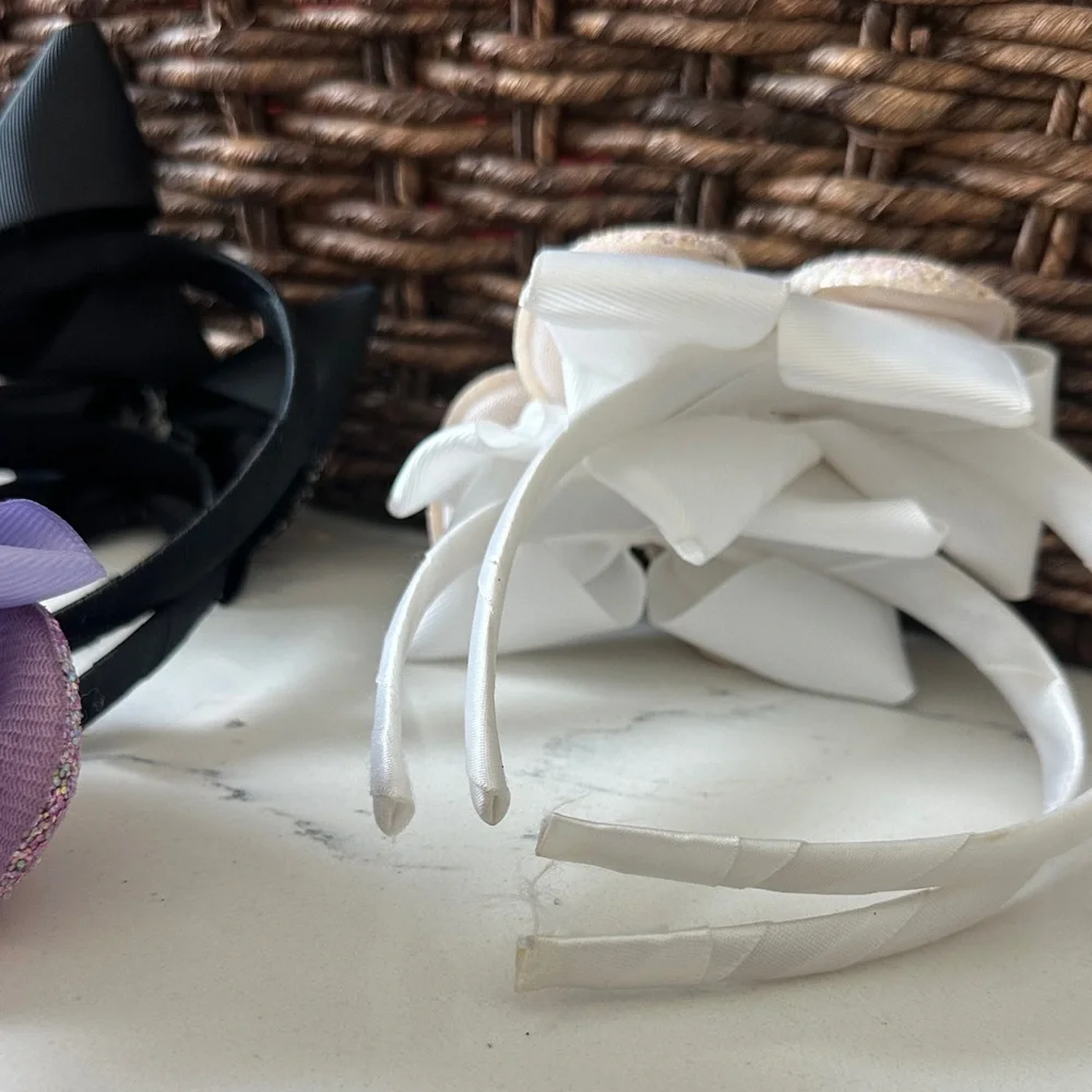 3 Set of 2 Elegant Black, White, and Purple Glitter/Shimmer Bow Headbands - Picture 4 of 4